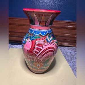 Talavera Mexican Pottery Hand Painted Floral Vase Redware, Kisidoro, Mexico 9”